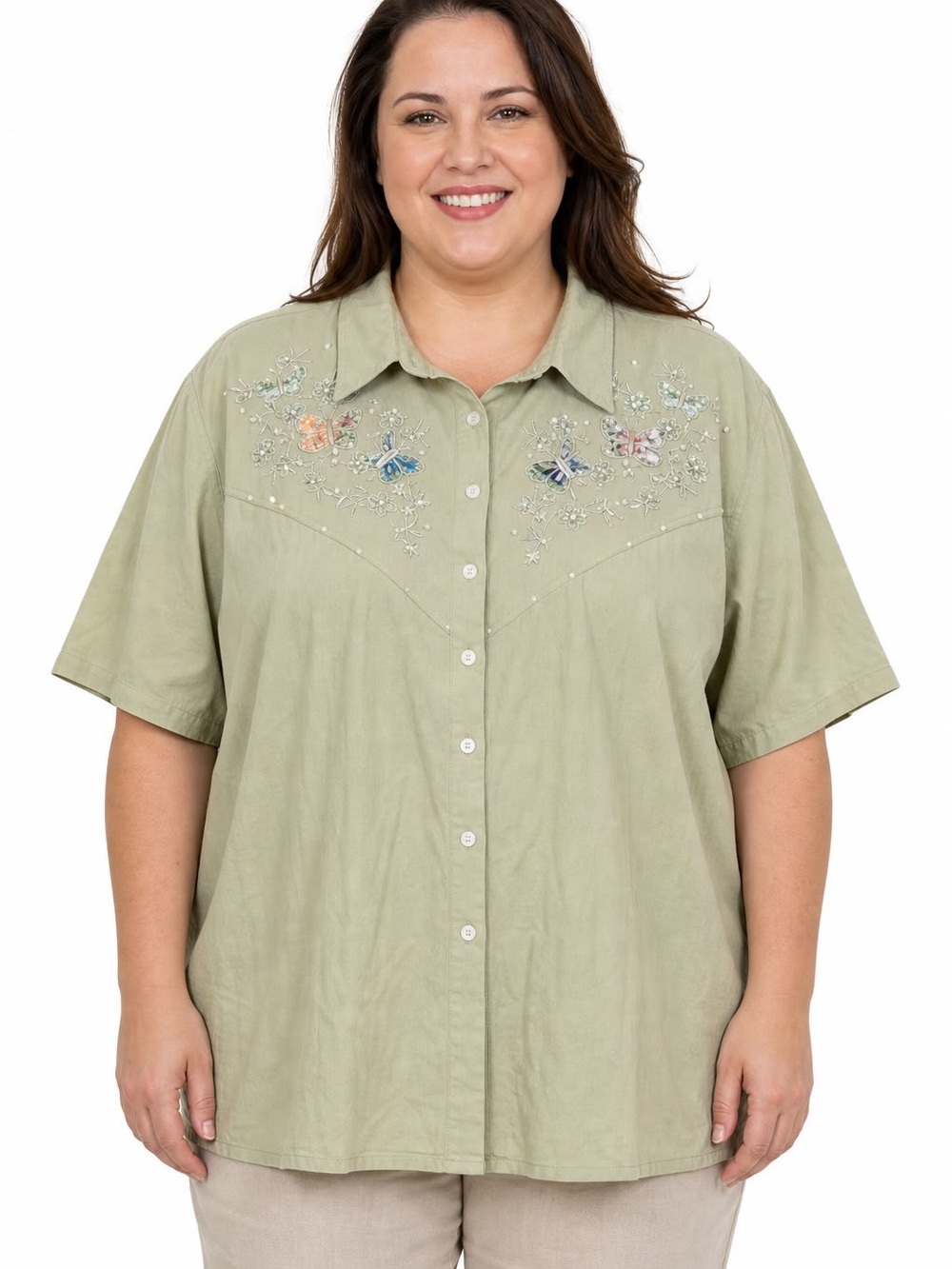Jane Ashley Sage Green Embroidered Button-Down Shirt